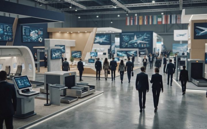 Illustration: A modern trade exhibition hall showcasing advanced commercial aviation and airport technology exhibits, with interactive terminal displa