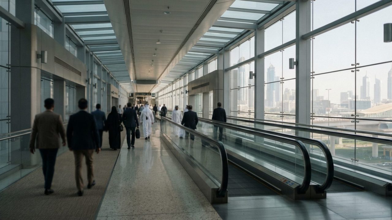 插图：配备自动步道与玻璃幕墙的现代化空调封闭式人行天桥内部视角，连接模式