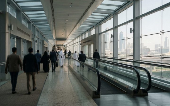 Illustration: Interior perspective of a modern, air-conditioned enclosed pedestrian bridge equipped with moving walkways and glass walls, linking mode