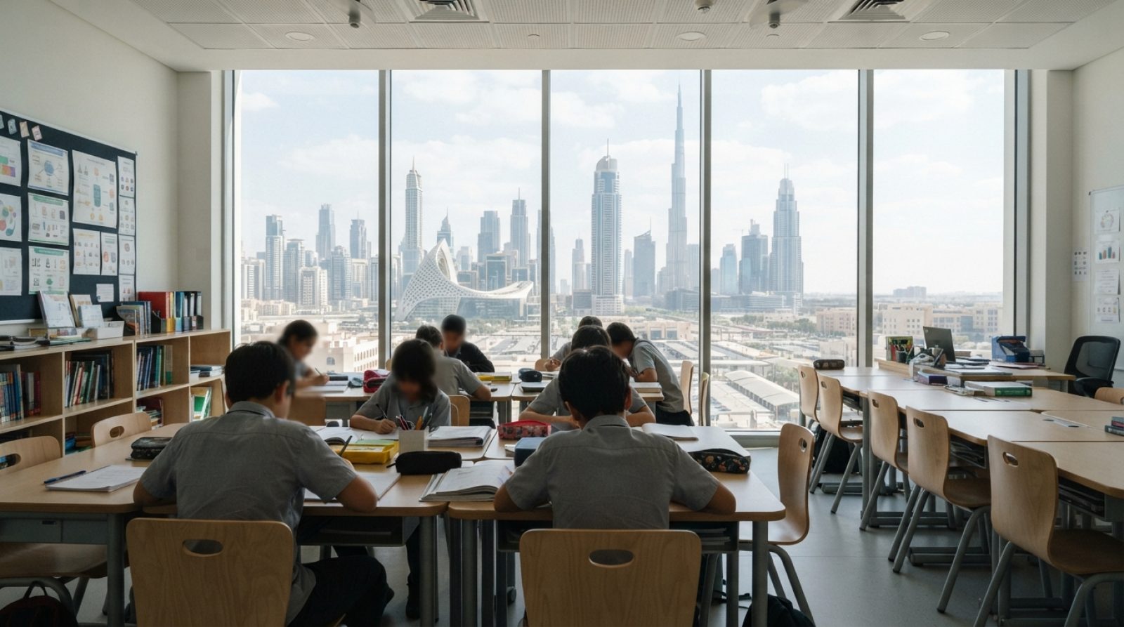 Illustration: A modern, bright classroom setting in Dubai with desks, books, and educational materials by a window overlooking Dubai city architecture