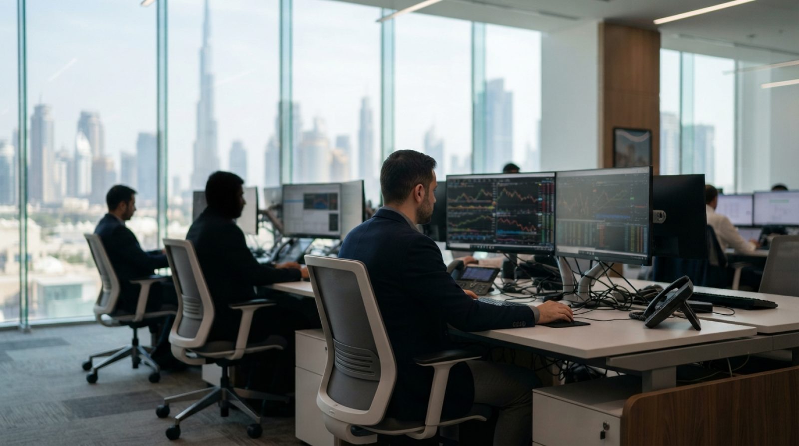 Illustration: A modern financial trading floor and digital asset investment office in Dubai, featuring analysts looking at dual monitor trading screen