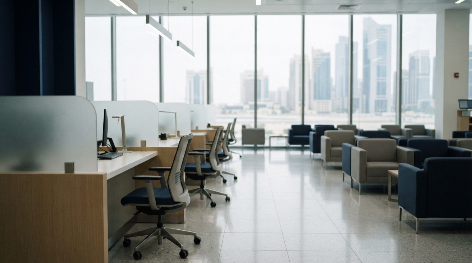 Illustration: A clean, modern government customer service center interior in Dubai, showing empty consultation counters, clear glass partitions, and w