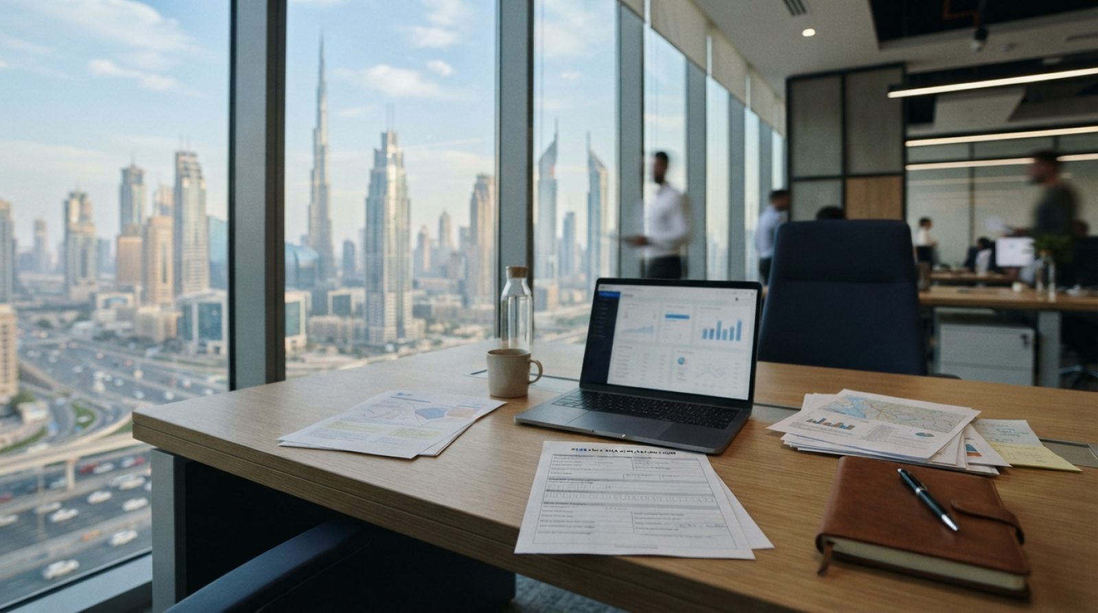 Illustration: Editorial photograph of a modern office desk in Dubai overlooking the city skyline, featuring an open laptop, a UAE residence card appli