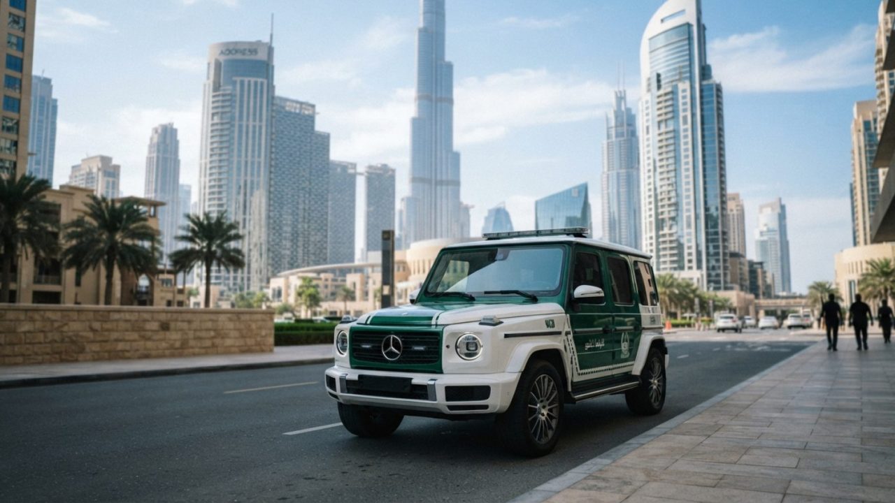 Illustration: A modern luxury green-and-white police patrol SUV parked in front of contemporary Dubai skyscrapers near Downtown Dubai under bright day