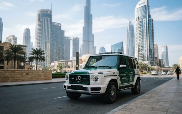 Illustration: A modern luxury green-and-white police patrol SUV parked in front of contemporary Dubai skyscrapers near Downtown Dubai under bright day