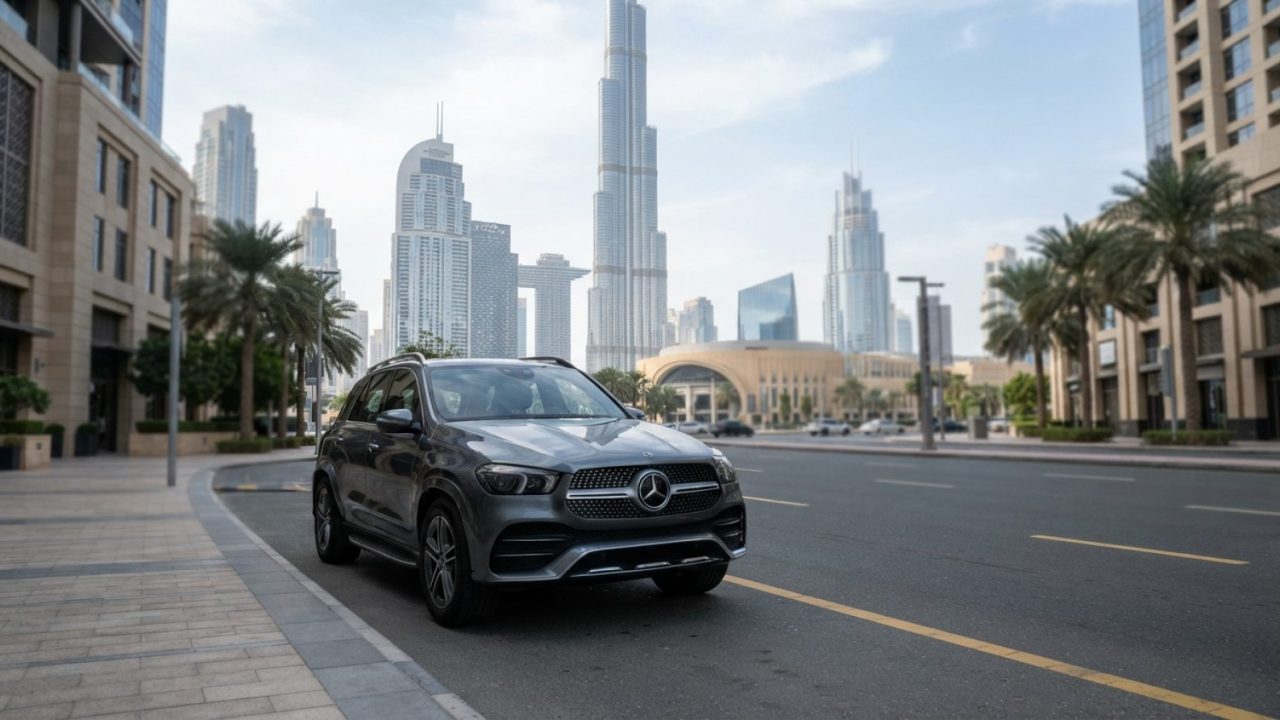Illustration: A modern luxury hybrid SUV parked on an urban boulevard in Dubai near prominent modern architecture during daylight, neutral editorial l
