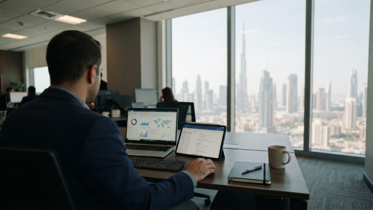 Illustration: Editorial news photograph of a corporate office desk in Dubai with a tablet and laptop screen displaying business map listings and custo