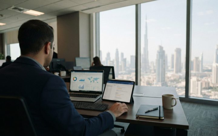 Illustration: Editorial news photograph of a corporate office desk in Dubai with a tablet and laptop screen displaying business map listings and custo
