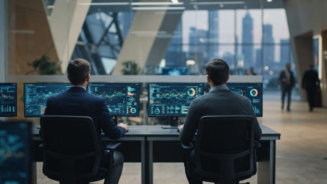 Illustration: A modern data operations room showing glowing digital network graphs and financial flow analytics on multiple monitors, with out-of-focu