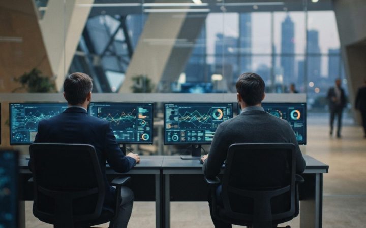 Illustration: A modern data operations room showing glowing digital network graphs and financial flow analytics on multiple monitors, with out-of-focu