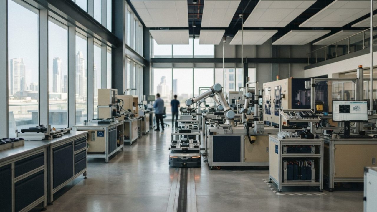 Illustration: A modern advanced industrial manufacturing and robotics laboratory with automated guided vehicles and clean engineering equipment, set i