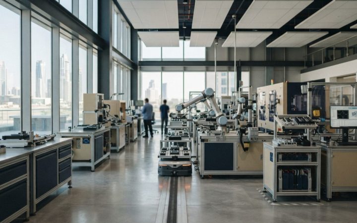 Illustration: A modern advanced industrial manufacturing and robotics laboratory with automated guided vehicles and clean engineering equipment, set i