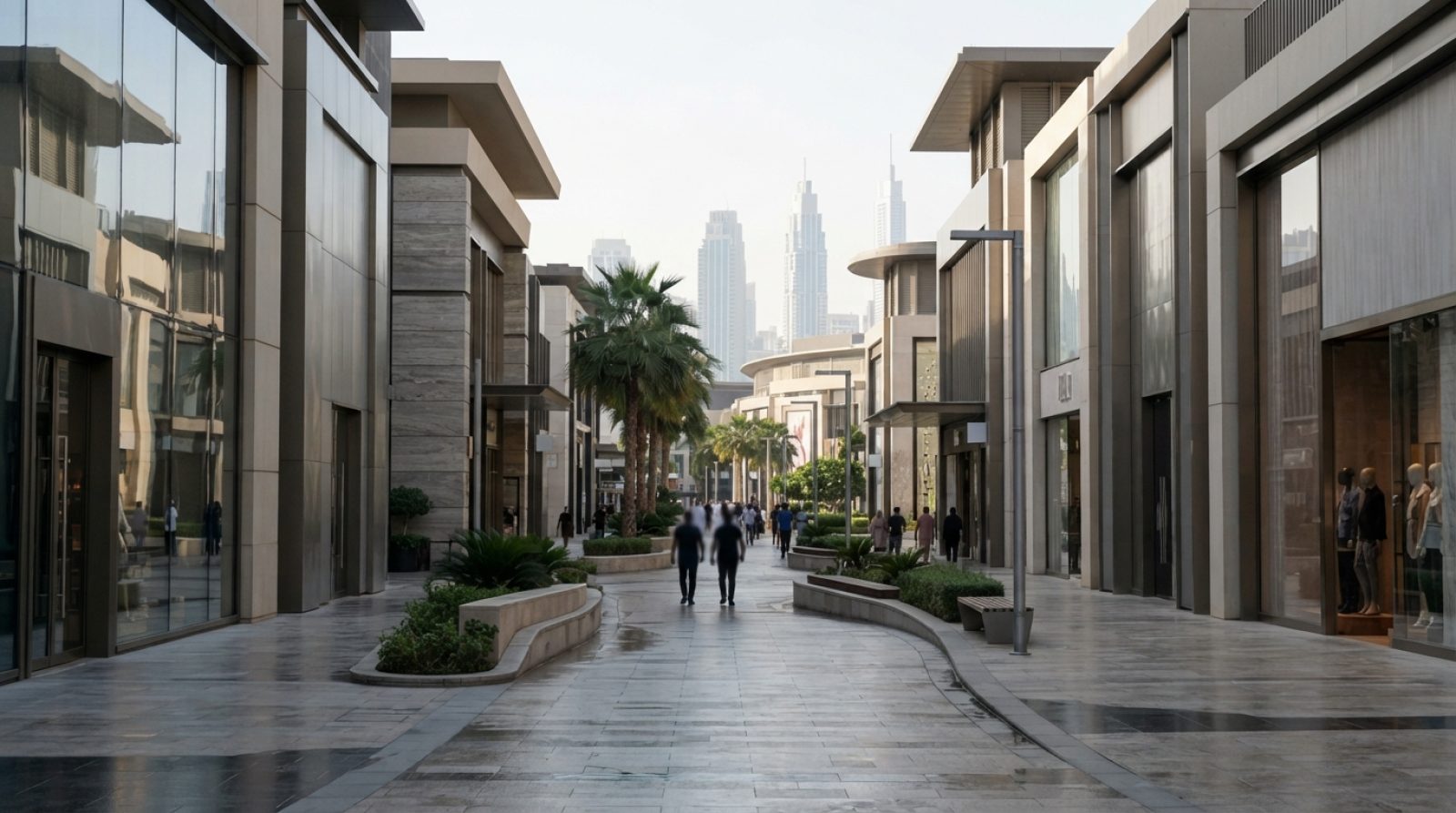 Illustration: Editorial news photograph showing modern commercial shopping avenues and retail storefronts in Dubai under daylight, with contemporary a