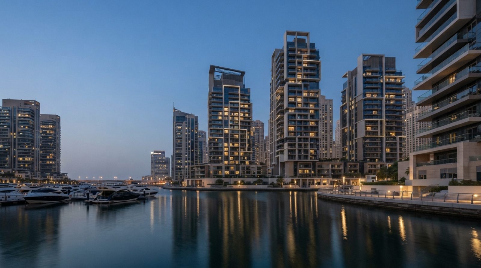 Illustration: Editorial photograph of modern residential high-rise towers in Dubai with sleek architectural balconies overlooking a calm marina at twi