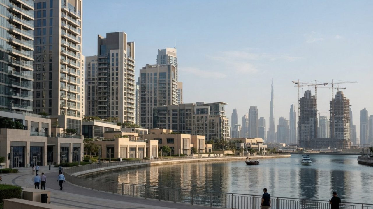 Illustration: An editorial photograph showing modern luxury residential buildings and commercial waterfront real estate under clear skies in Dubai, wi