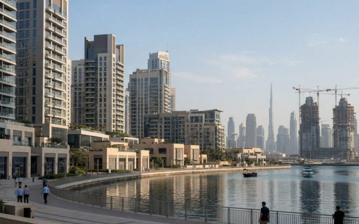 Illustration: An editorial photograph showing modern luxury residential buildings and commercial waterfront real estate under clear skies in Dubai, wi