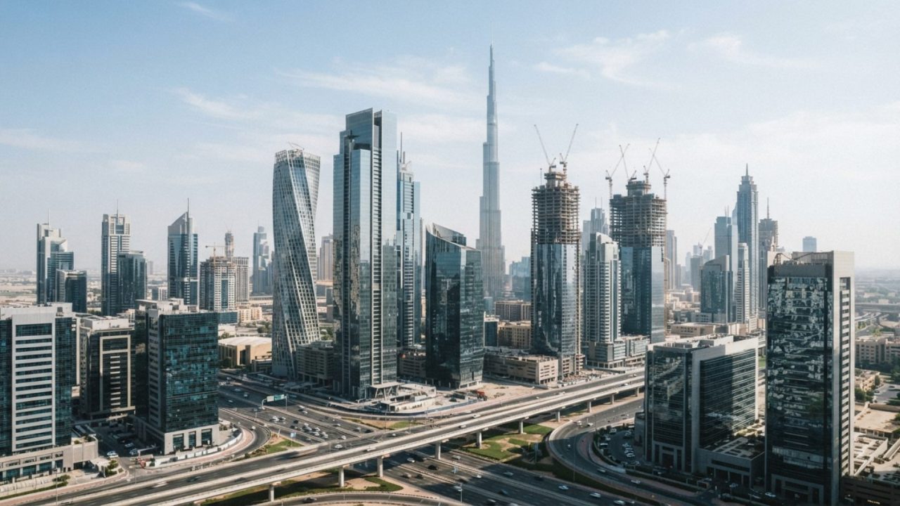 Illustration: A modern cityscape view of Dubai's business and financial district with sleek glass office towers and active high-rise construction cran
