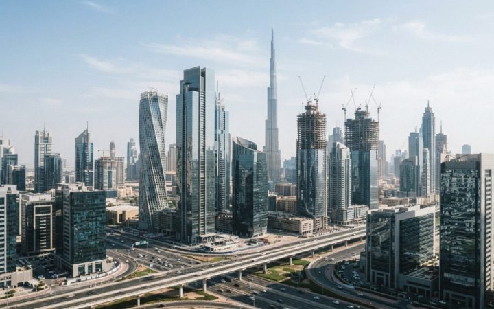 Illustration: A modern cityscape view of Dubai's business and financial district with sleek glass office towers and active high-rise construction cran