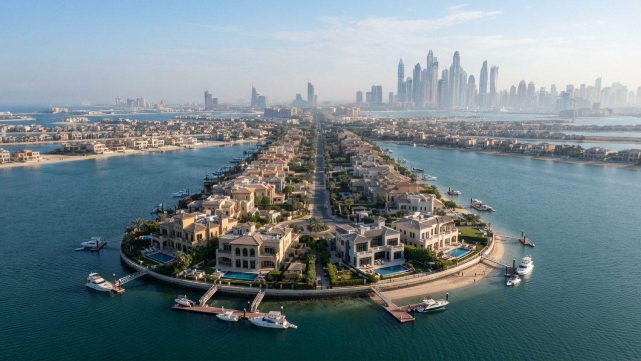 Illustration: Editorial news photograph showing luxury waterfront villas along the fronds of Palm Jumeirah in Dubai under clear morning sunlight, with