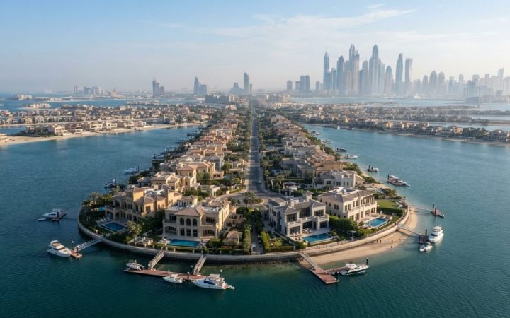 Illustration: Editorial news photograph showing luxury waterfront villas along the fronds of Palm Jumeirah in Dubai under clear morning sunlight, with