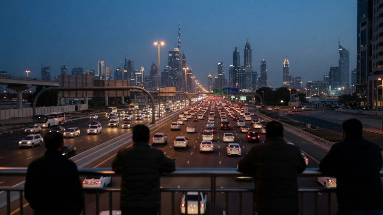 Illustration: Heavy evening commuter traffic with dense red taillights stretching along a wide multi-lane highway in Dubai, illuminated modern office