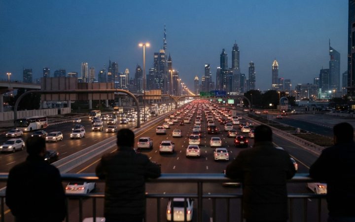 صورة توضيحية: حركة مرور مسائية كثيفة للمتنقلين مع أضواء خلفية حمراء ممتدة على طول طريق سريع واسع متعدد المسارات في دبي، ومبنى مكاتب عصري مضاء