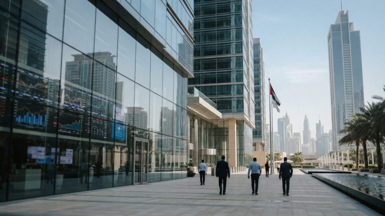 Illustration: Modern financial district in Dubai featuring sleek glass skyscrapers under bright daylight, with digital stock ticker displays visible t