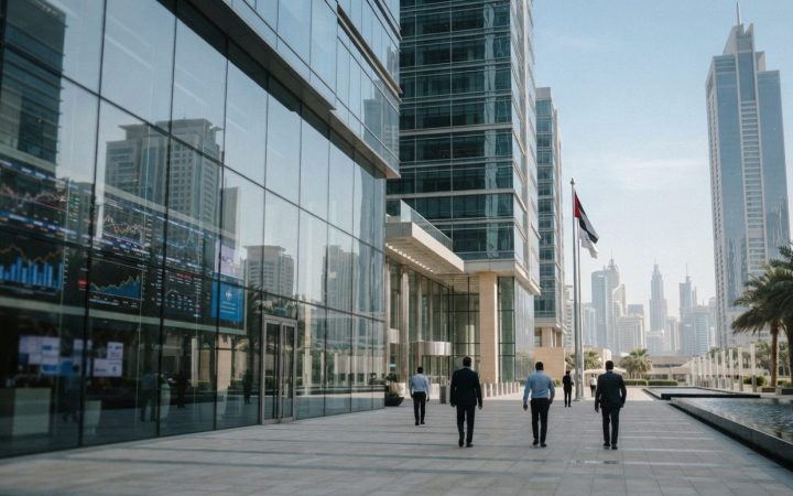 Illustration: Modern financial district in Dubai featuring sleek glass skyscrapers under bright daylight, with digital stock ticker displays visible t