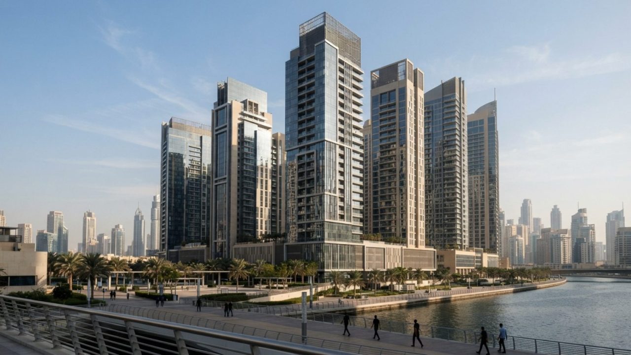 Illustration: Exterior architectural view of contemporary commercial office and residential towers in Dubai with modern glass curtain walls under clea