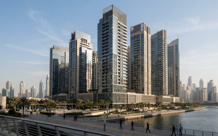 Illustration: Exterior architectural view of contemporary commercial office and residential towers in Dubai with modern glass curtain walls under clea