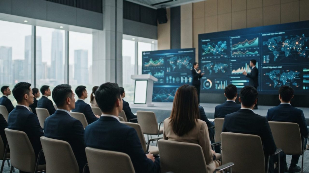 Illustration: Futuristic conference hall in Shenzhen with delegates and modern digital display boards showing trade and artificial intelligence data g