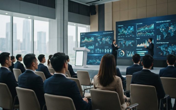 صورة توضيحية: قاعة مؤتمرات مستقبلية في شنتشن مع وفود وشاشات عرض رقمية حديثة تعرض بيانات التجارة والذكاء الاصطناعي