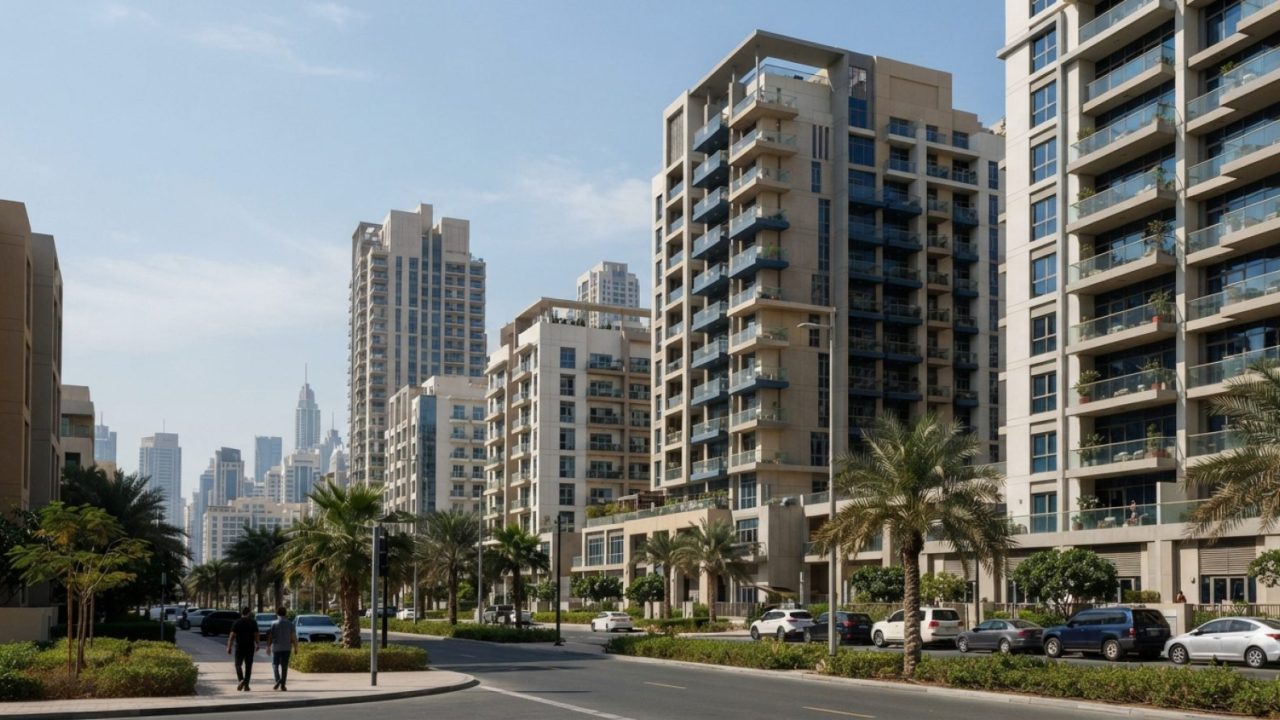 Illustration: An architectural view of modern residential apartment buildings and towers in an urban Dubai neighbourhood under bright daylight, highli