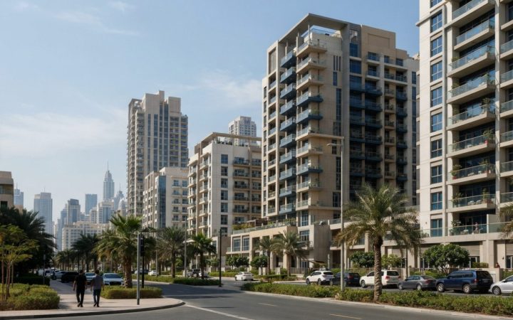 Illustration: An architectural view of modern residential apartment buildings and towers in an urban Dubai neighbourhood under bright daylight, highli
