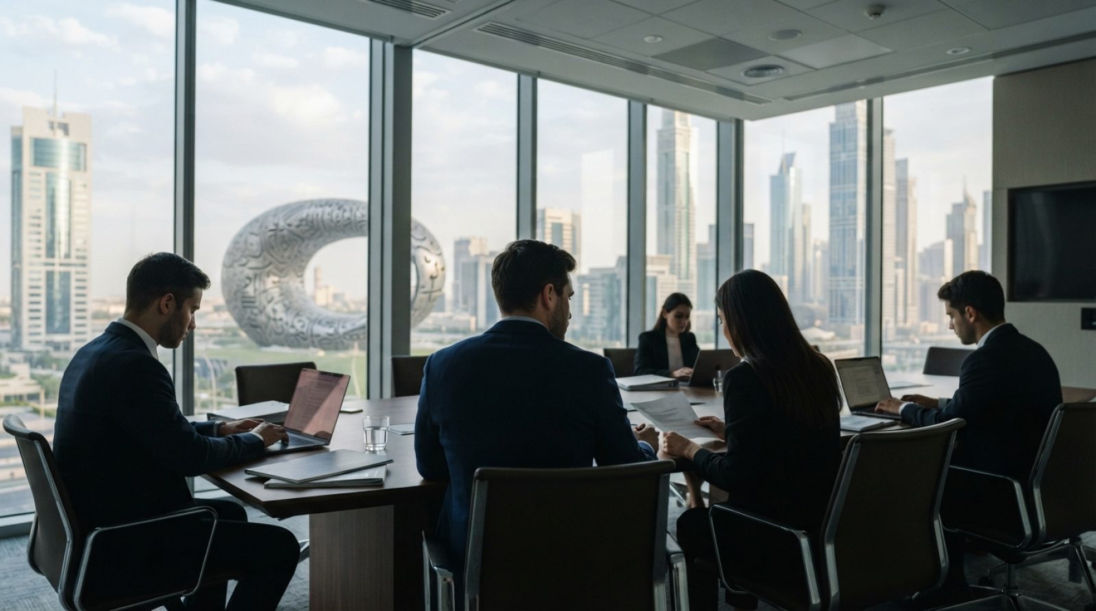 Illustration: A modern corporate office environment in Dubai International Financial Centre with floor-to-ceiling glass windows overlooking modern Dub