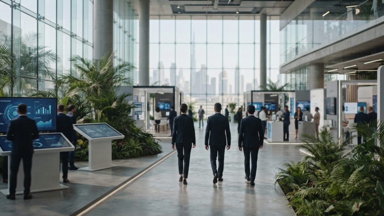 Illustration: A modern, bright corporate exhibition hall and technology incubator space in Dubai with sleek architectural glass walls, interactive dig