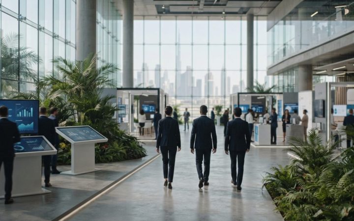 Illustration: A modern, bright corporate exhibition hall and technology incubator space in Dubai with sleek architectural glass walls, interactive dig
