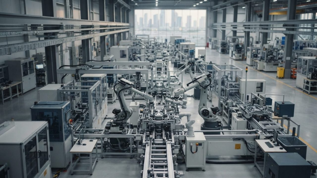 Illustration: A modern, advanced industrial manufacturing facility showing automated precision machinery and robotic assembly units on an organized cl