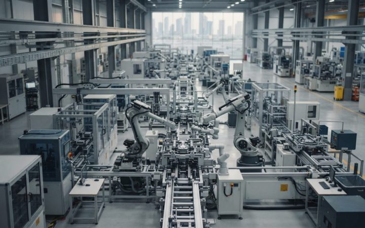 Illustration: A modern, advanced industrial manufacturing facility showing automated precision machinery and robotic assembly units on an organized cl