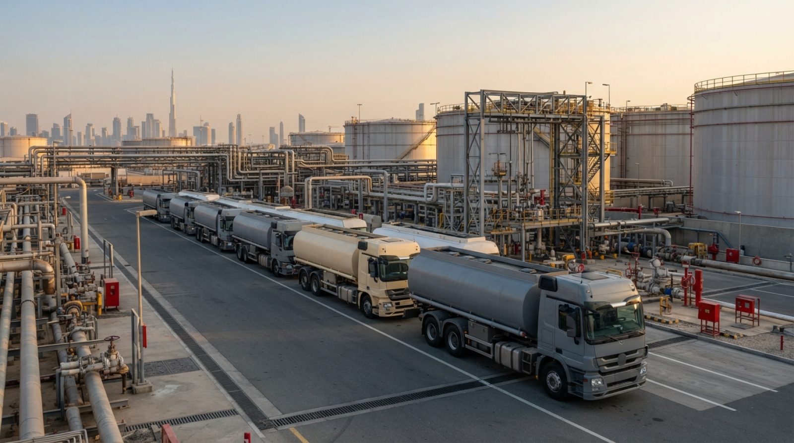 Illustration: A realistic editorial news photograph of commercial fuel tanker trucks parked in an orderly line at an industrial petroleum terminal in