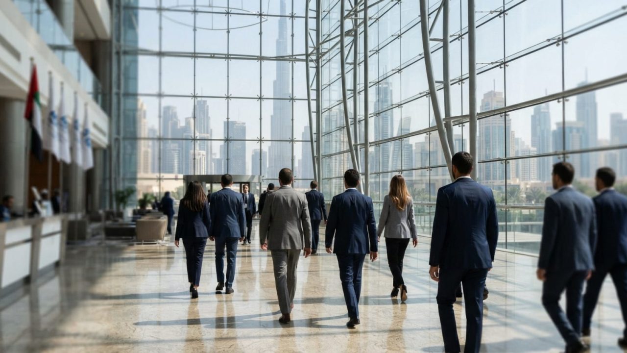 Illustration: A modern glass convention center in Dubai with business professionals walking in a sunlit atrium, with the financial district skyline vi