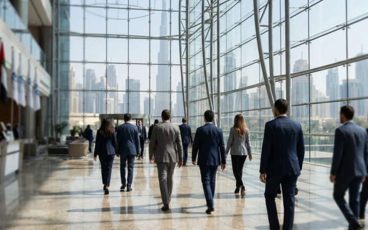 Illustration: A modern glass convention center in Dubai with business professionals walking in a sunlit atrium, with the financial district skyline vi