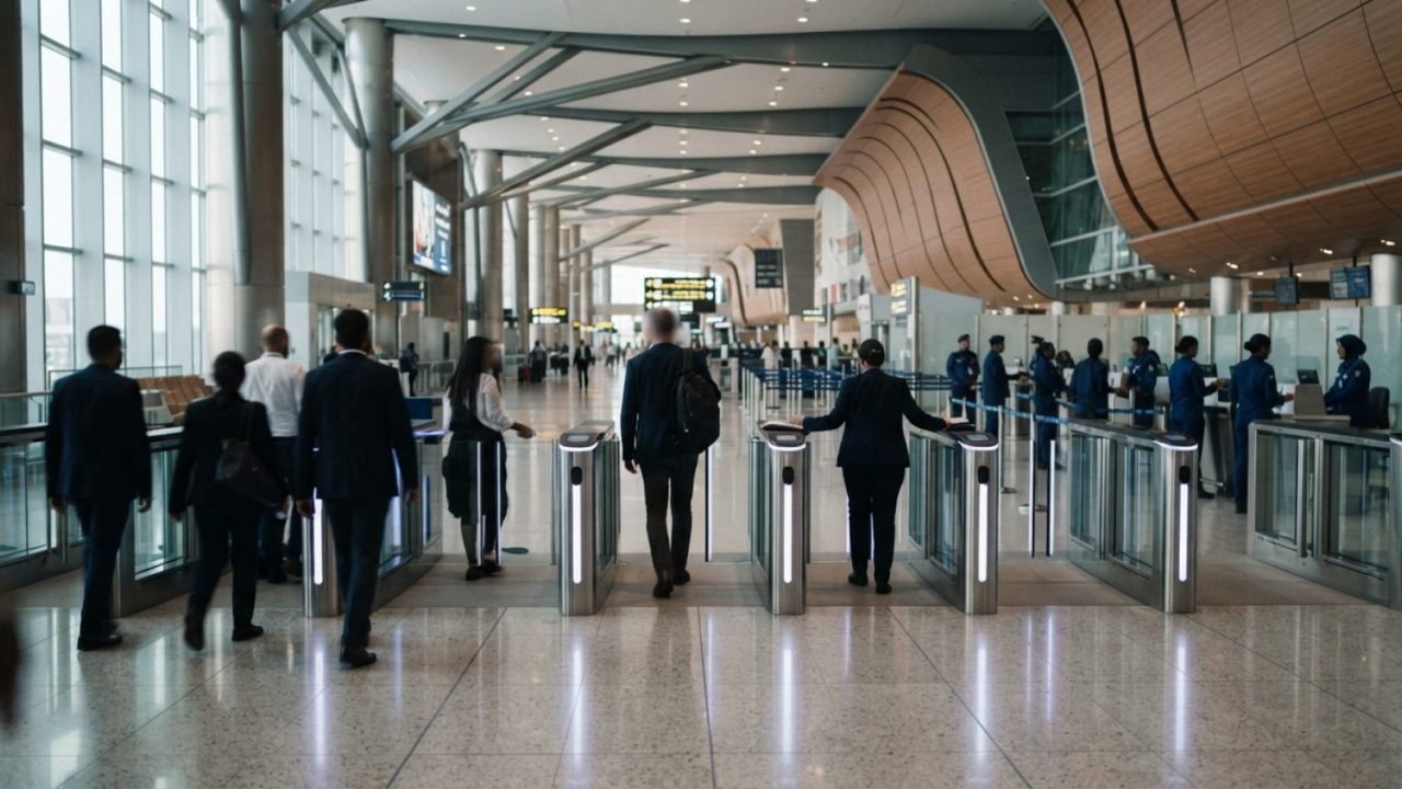 Illustration: Modern airport immigration hall in Dubai with sleek digital smart gates, polished floors, and subtle ambient lighting, captured in a cle
