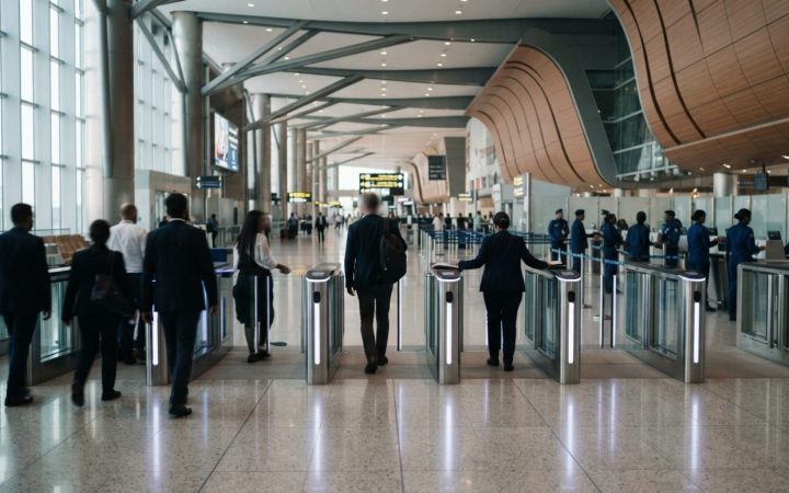 Illustration: Modern airport immigration hall in Dubai with sleek digital smart gates, polished floors, and subtle ambient lighting, captured in a cle