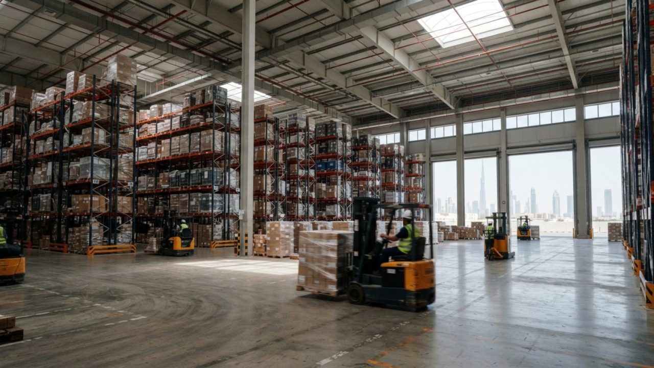 Illustration: A modern wide-angle interior photograph of an expansive logistics warehouse in Dubai with high ceilings, industrial steel racking filled