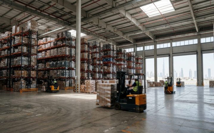 Illustration: A modern wide-angle interior photograph of an expansive logistics warehouse in Dubai with high ceilings, industrial steel racking filled