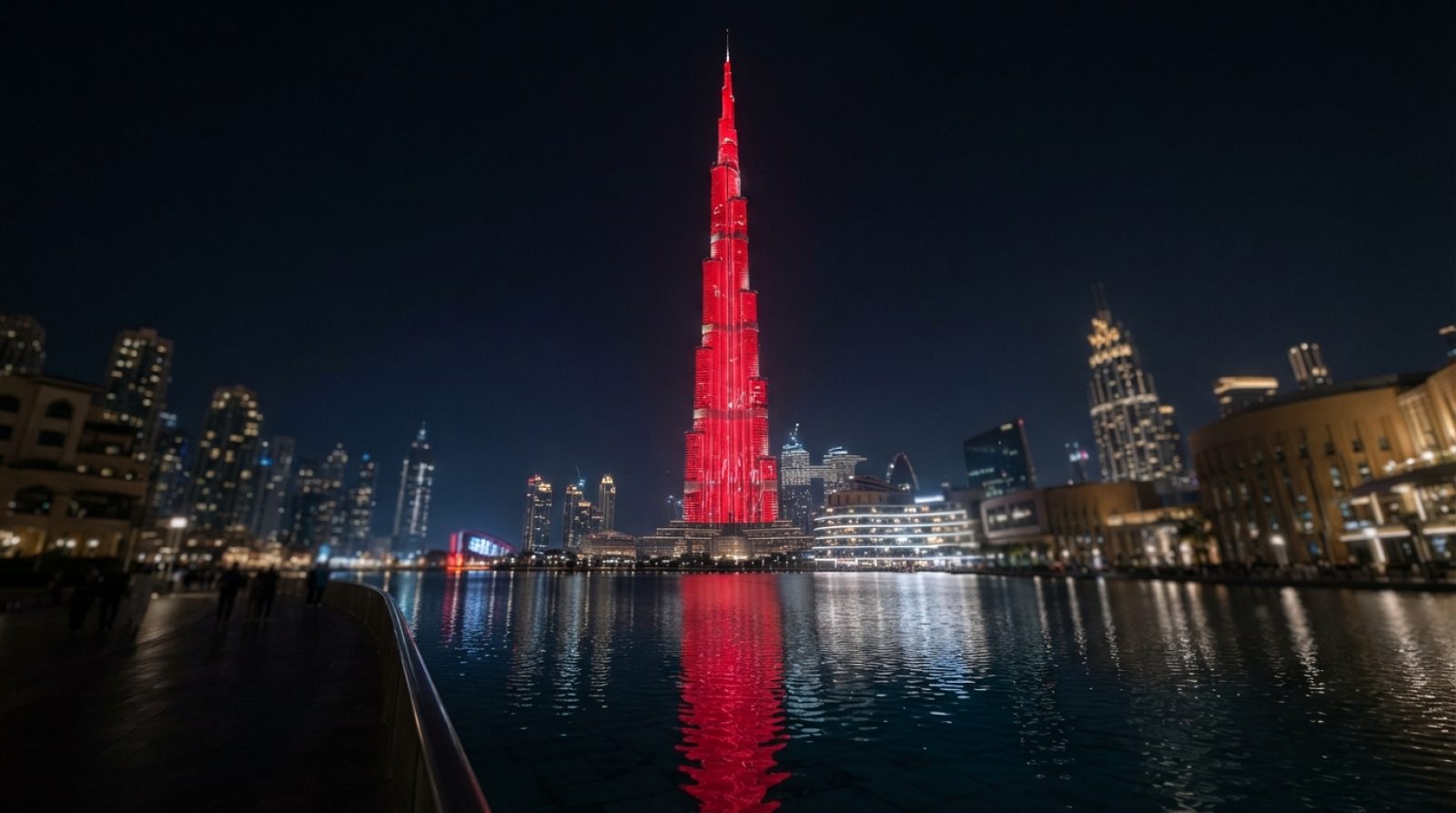 Illustration: A realistic nighttime editorial news photograph showing the towering Burj Khalifa skyscraper in Downtown Dubai lit up in brilliant red h