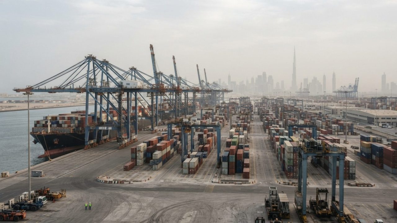 Illustration: Editorial photo of large commercial cargo cranes and shipping containers at Jebel Ali Port terminal in Dubai under a hazy sky, showing s