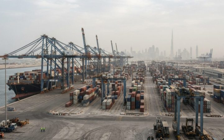Illustration: Editorial photo of large commercial cargo cranes and shipping containers at Jebel Ali Port terminal in Dubai under a hazy sky, showing s