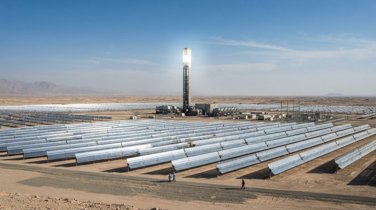 Illustration: A sprawling concentrated solar power station in a vast desert landscape featuring a central solar tower and rows of curved parabolic tro